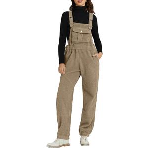 luvamia Sherpa Overalls for Women Loose Fit Winter Fuzzy Fleece Warm Bib Pocket Adjustable Jogger Baggy Overall Jumpsuit (Brown, L)