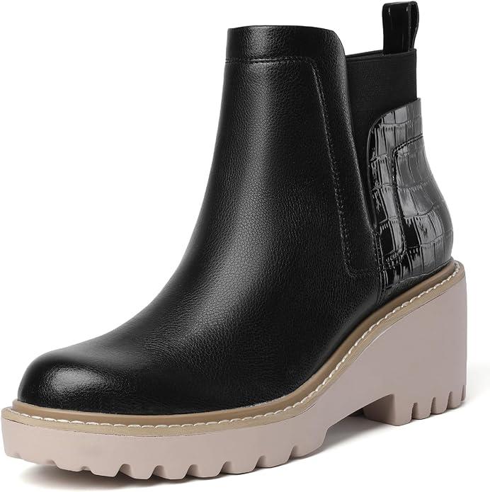 Mostrin Chelsea Boots for Women Platform Ankle Boots Chunky Lug Sole Boots Slip on Elastic Fall Boots Wedges Block Booties 8.5