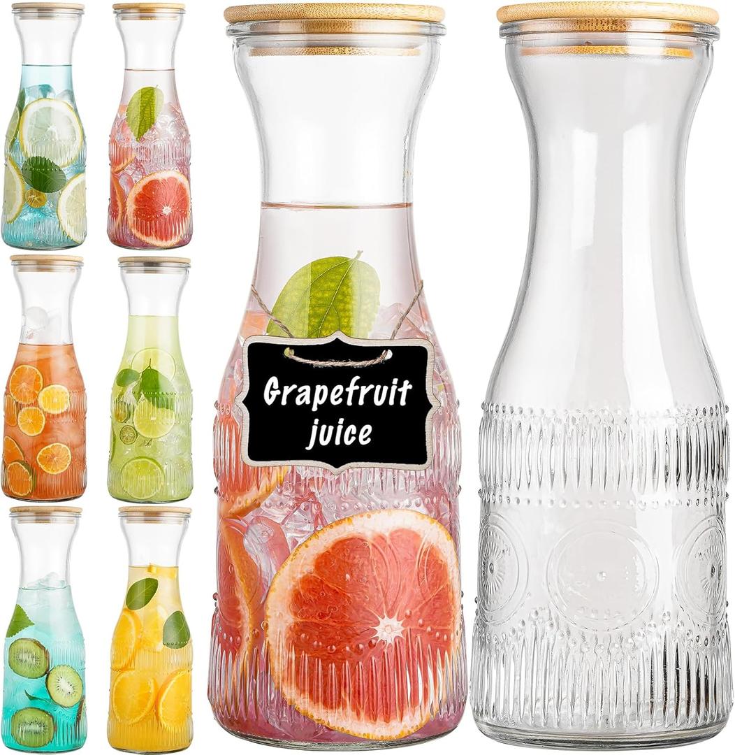 Glass Carafe Pitchers with Lids, Set of 6 1 Liter Embossed Designed Beverage Pitcher Carafe Set for Mimosa Bar, Juice Container for Brunch, Cold Water, Juice -With 6 Wooden Chalkboard Tags