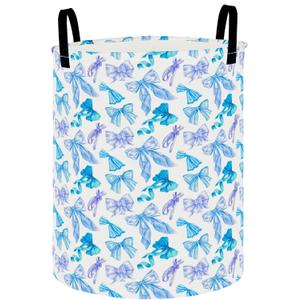 Collapsible Round Storage Basket, Soft-Sided Organizer with Waterproof Coating, Foldable Bin for Clothes,Laundry Basket, Nursery Hamper, Gift Baskets(Blue Bright Bowknot)