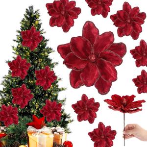 24 Pcs Christmas Velvet Magnolia Flowers Large Artificial Poinsettia Flower Picks 8'' Christmas Glitter Magnolia Floral Picks Stems for Xmas Tree Party Wedding Wreath Decoration (Burgundy)