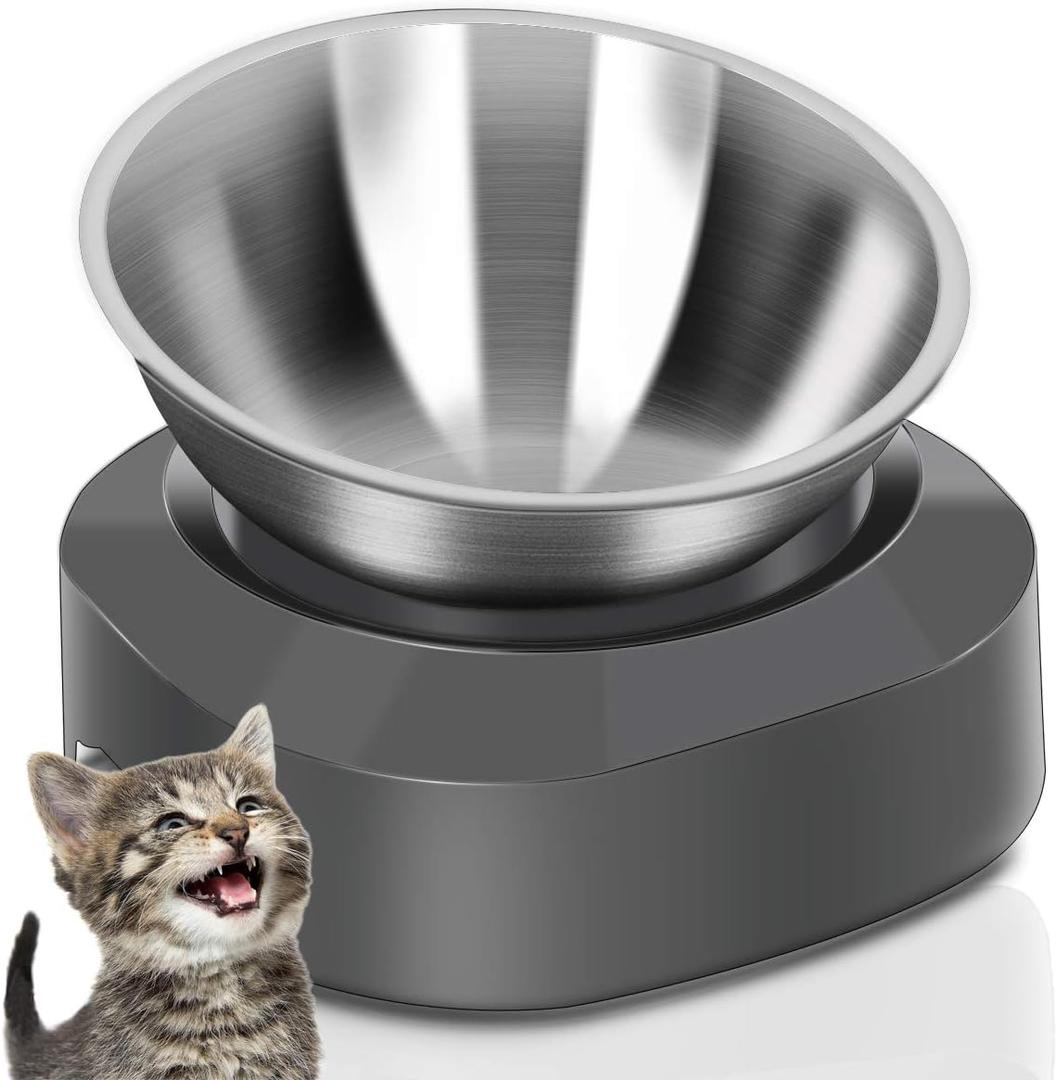 AYADA Raised Cat Food Bowl, Stainless Steel Cat Dish for Dry Wet Food Water, Anti Vomiting Elevated with Stand Ergonomic Lifted Slanted Tilted 15 Angle Metal Single Kitty Kitten Pet Bowl (Single)