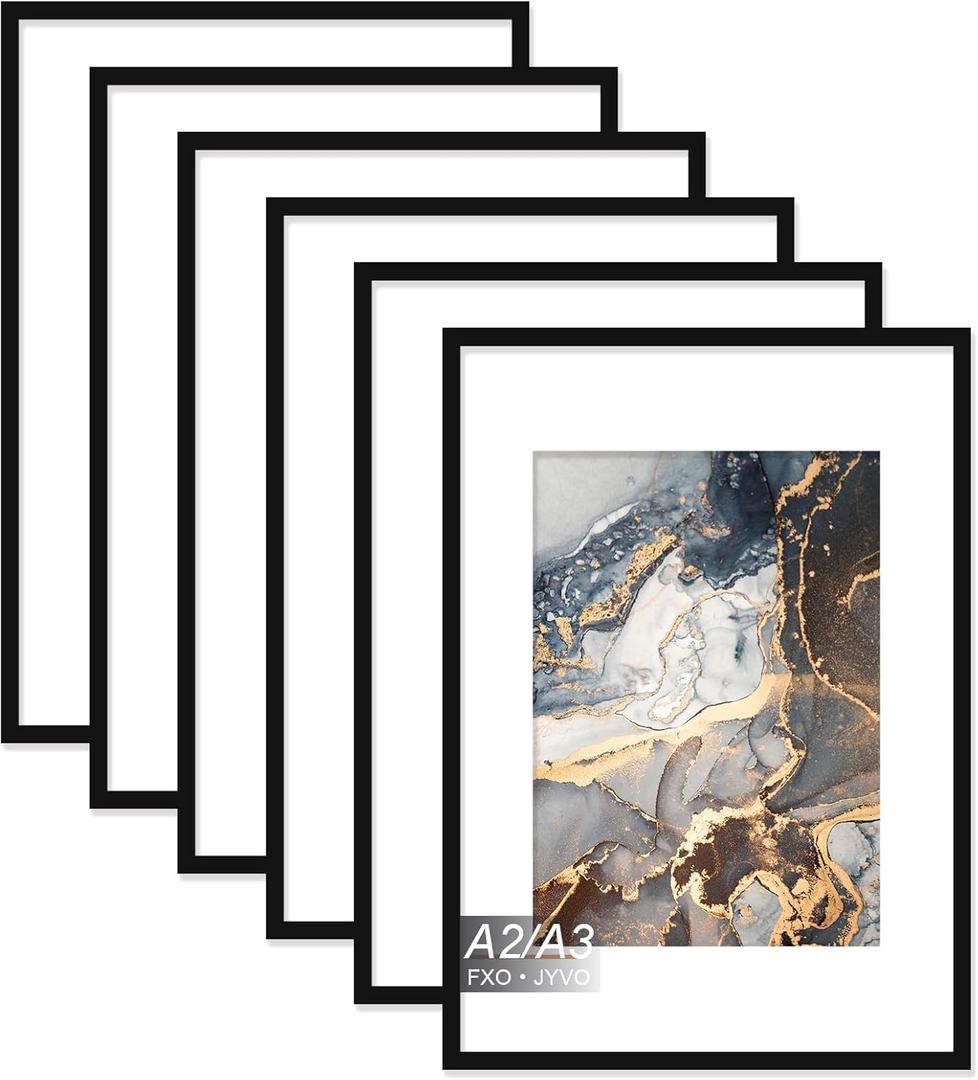 Fxojyvo A2 Frame Set of 6, Display Poster A3 with Mat or A2 Without Mat, Light Weight and High Transparent Picture 16.5x23.4 Frame for Wall - 6 Pack/Black