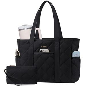 LOVEVOOK Puffer Tote Bag for Women with Cup Holder, Large 15.6in Laptop Work Tote Bag with Zip for Daily, Travel, light Quilted Nurse Teacher Shoulder Bag, 2pcs
