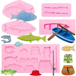 Fishing Set Silicone Molds 5Pcs, Fishing Tool Fishing Rod Fish Basket Chocolate Molds, Boat Oar Minnow Cake Decoration Fondant Molds for Baking Cupcake Topper Candy Cookie Clay Resin DIY Crafts