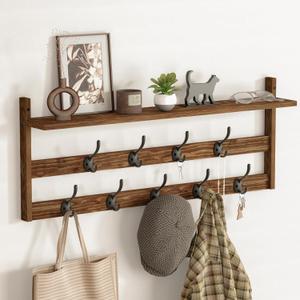AMBIRD Coat Rack Wall Mount with Shelf, 29" Coat Hooks Wall Mounted with 9 Metal Hooks for Entryway, Bathroom, Bedroom, Living Room, Kitchen, 2 Tier Wall Hooks for Clothes, Hat, Towel, Key, Purse