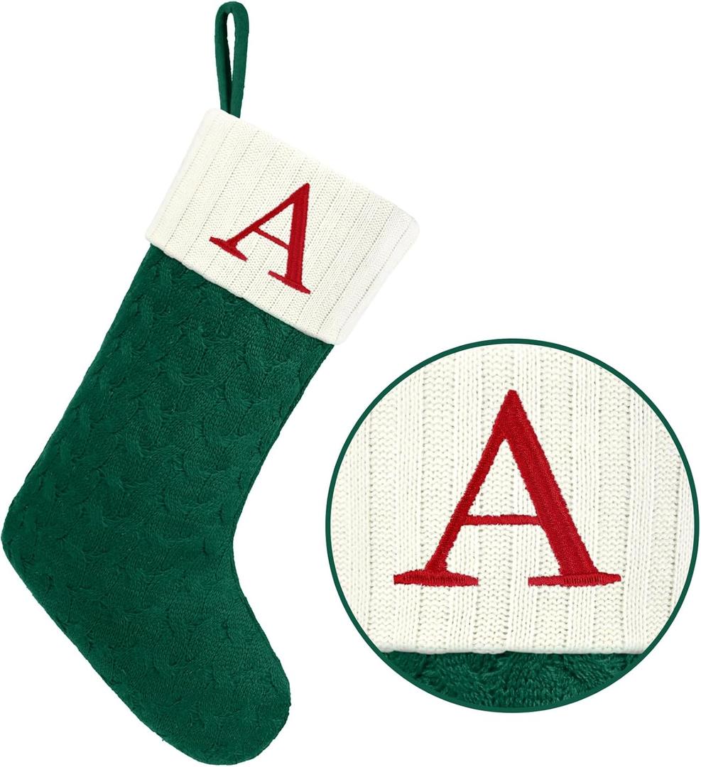 Christmas Stockings with Initials,20 Inches Large Knit Embroidered Letter Green White Christmas Stocking,Monogram Christmas Stocking for Famliy Holiday and Xmas Tree Fireplace (Letter A)