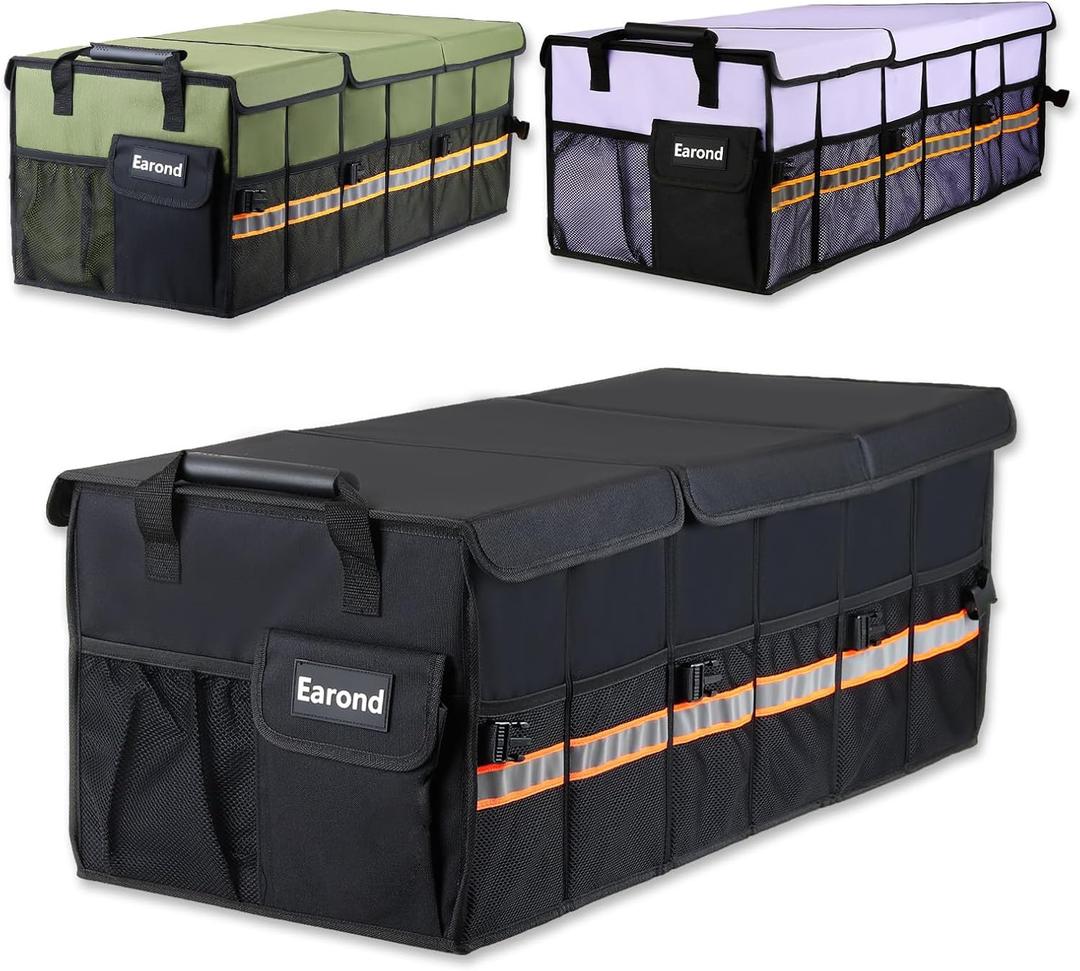 Car Trunk Organizer with Lid, Collapsible Car Storage Organizer with Multi Compartments and Securing Straps for SUV, Sedan, Jeep-Black