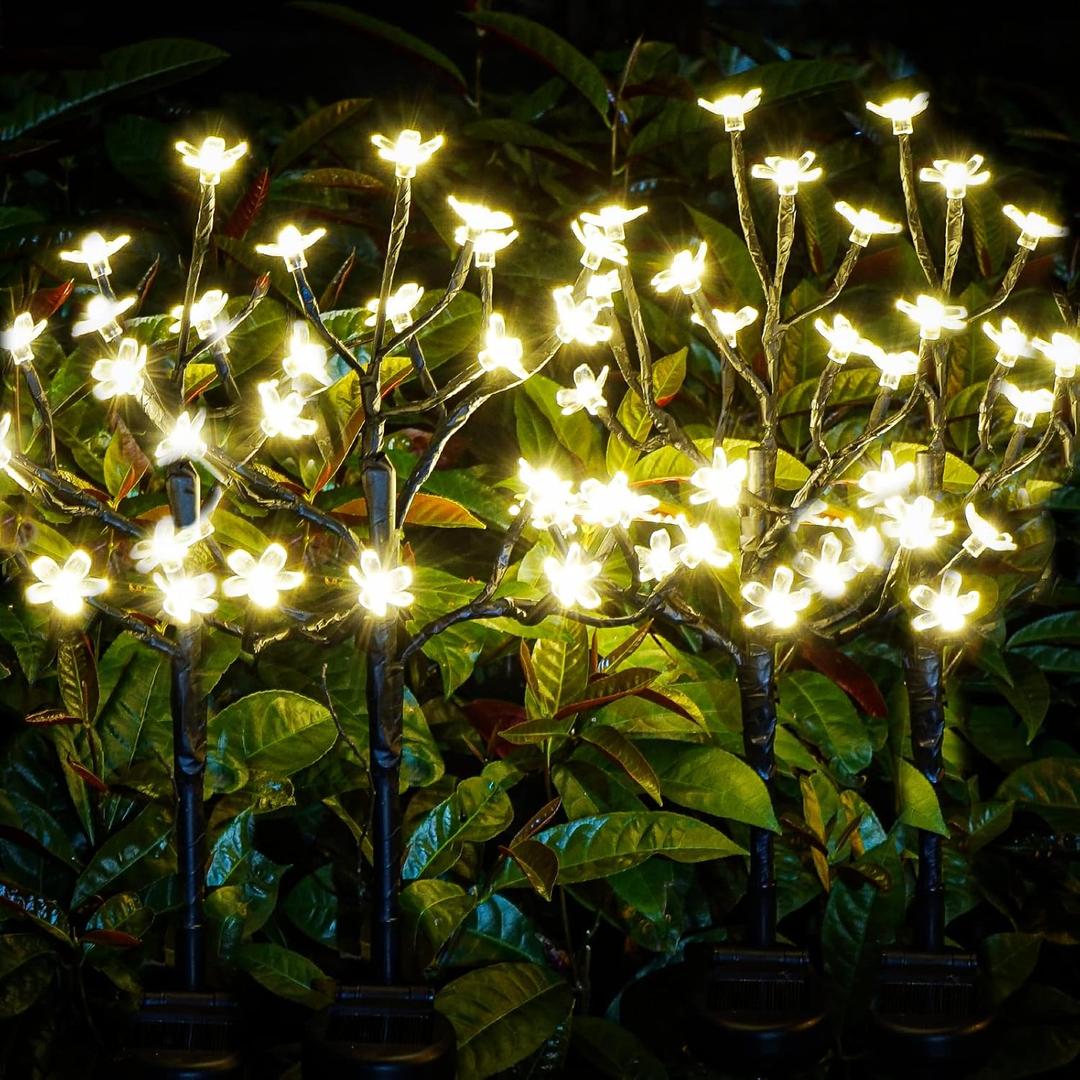 Solar Garden Lights Waterproof, Solar Outdoor Lights Decorative 4Pack, 80Led Solar Powered Flowers Garden Decor, Outdoor Fairy Lights for Yard,Pathway,Lawn,Outside,Garden Decorations (Warm White Cheery 4Pack)
