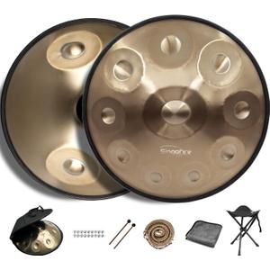 New Upgrad Dual-Faced Scale 12-Notes Handpan Drum, Handpan Drums for Adults, 440Hz D Minor Kurd Handpan, 10-Note Scale on Top, 2-Note Scale on Bottom, Beginner Handpan Drum (Gold, 22 Inch)