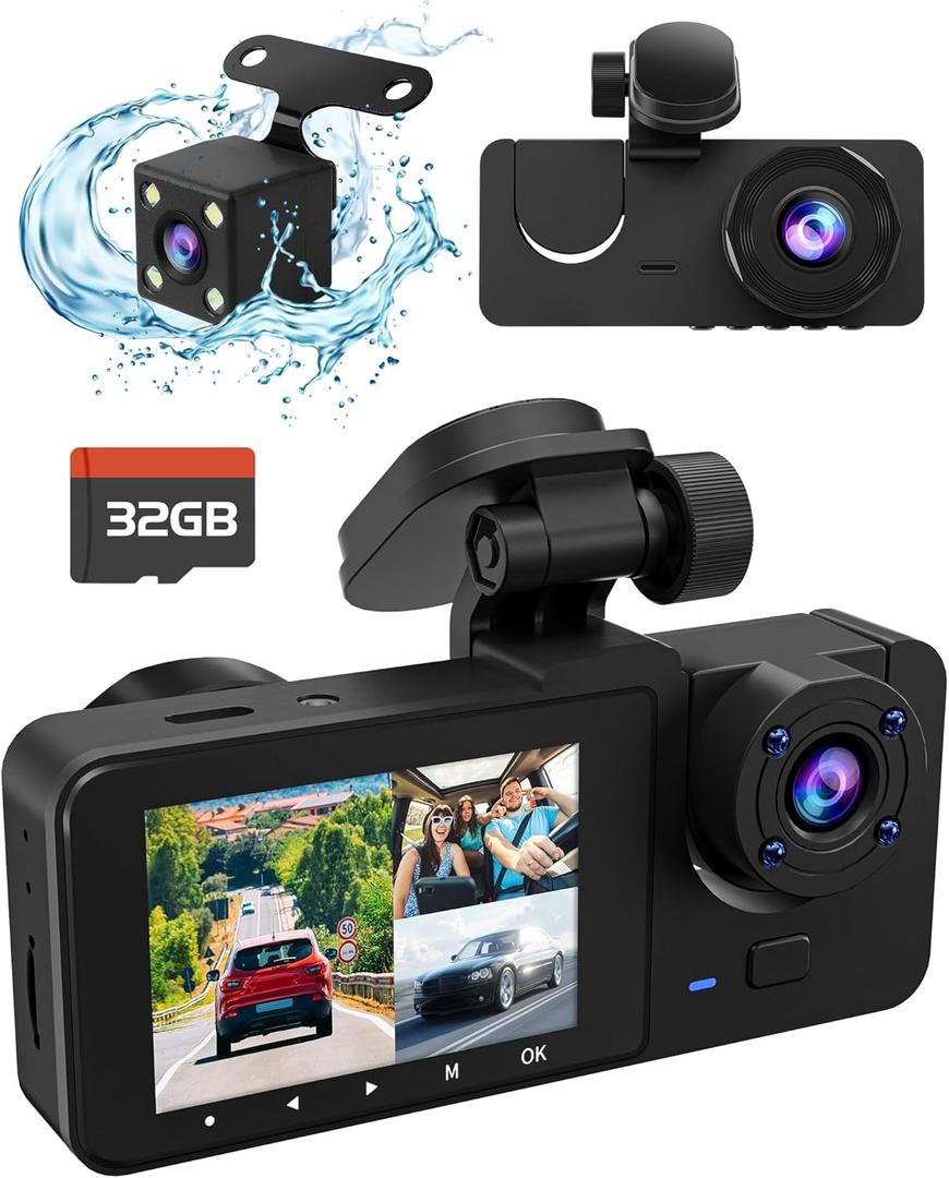 3 Channel Dash Cam,4K+1080P Dash Cam Front and Rear Inside, Dash Camera for Cars, Triple Car Camera with 32GB Card,Built-in G-Sensor, 2 IPS Display Car Camera,Loop Recording,24Hr Parking (Black)