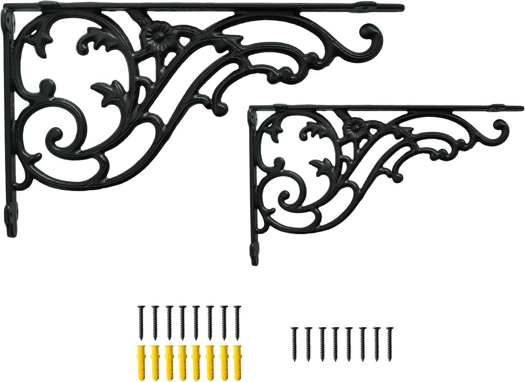 15.8''x9.5'' Decorative Shelf Brackets,2 Pack Cast Iron Shelf Supply,16 Inch Large Antique Black Corbesl,Screws Anchors Included
