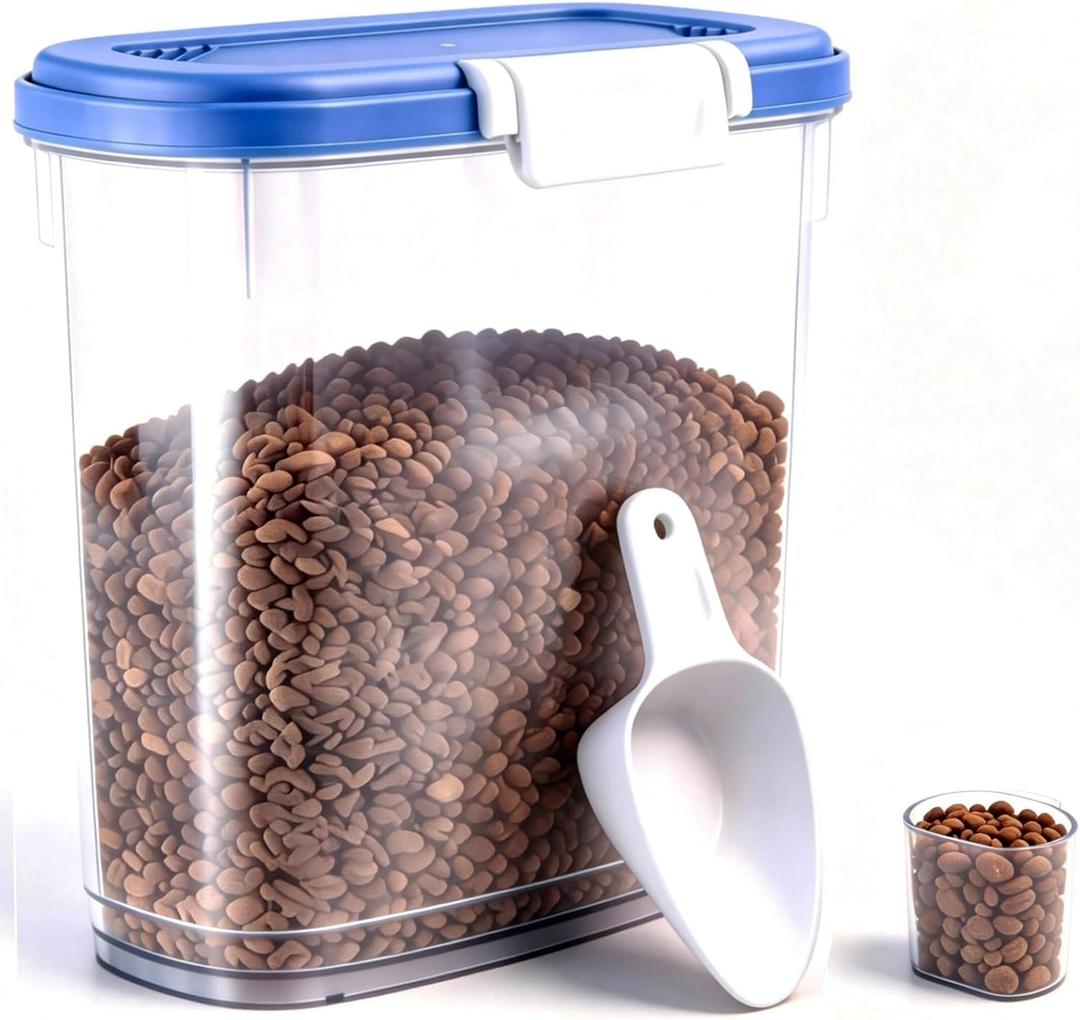 10-15 Lbs Dog Food Storage Container Airtight - Slim Pet Cat Food Container with Lid, Scoop and Cup - Clear Plastic Dry Food Storage Bin for Dogs, Cats, Bird Seeds, Kibble, Pellets, Rice, Flour, Blue