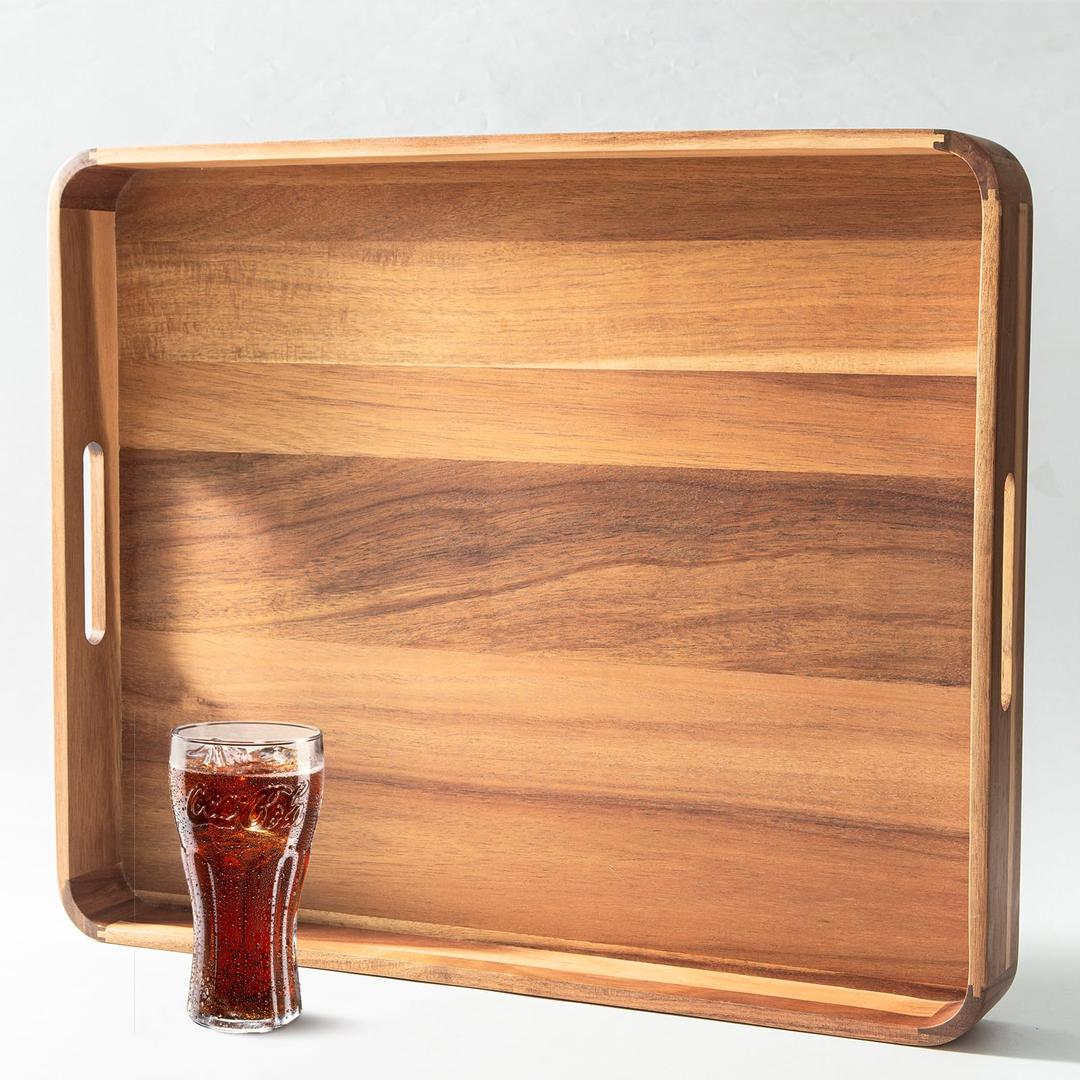 Large Wooden Ottoman Tray Great Rectangle Trays for Big Ottoman 22"x18" Coffee Table Tray for Kitchen Huge Wood Serving Tray with Round Corner for Living Room Decor Centerpiece Organizer