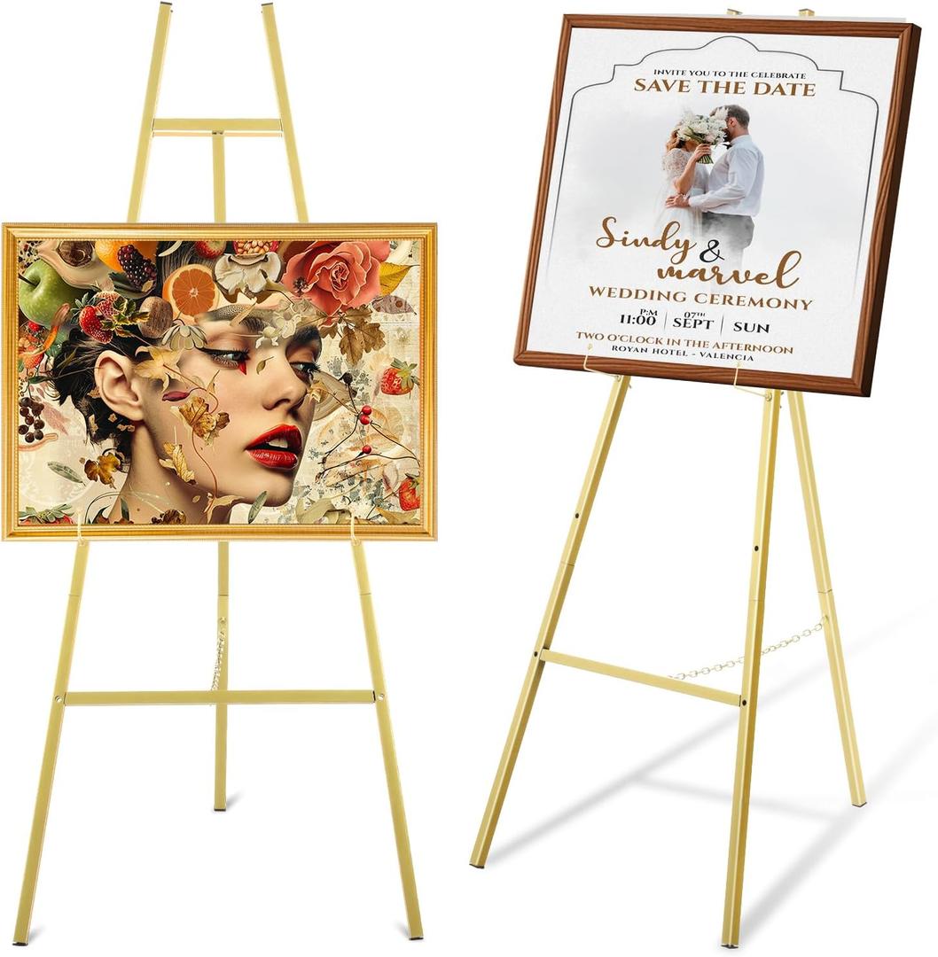 SHENLIU Gold Easel Stand for Sign, 4-Tier Heavy Duty Metal Display Easel with Adjustable Chain for Paintings Posters Wedding Show Pictures Welcome Signs Posters & Commercial Display