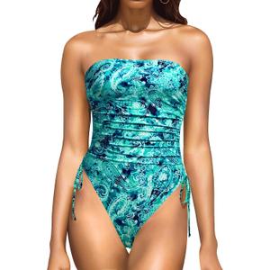 Yonique Women Strapless One Piece Swimsuit Tummy Control Bandeau Bathing Suit Cheeky Swimwear (Large, Green Paisley)