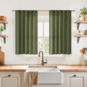 YoungsTex Olive Green Linen Curtains 40 Inch Length for Kitchen Window, Short Semi Sheer Drapes Textured Light Filtering with Rod Pocket Back Tab for Cafe Bathroom, 2 Panels, 42 X 40 Inch
