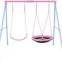 Lunafun Swing Set, 440lbs, Heavy-Duty A-Frame Metal Outdoor SwingStand, 1 Saucer & 1 Belt Swing seat for Playground, Backyard Pink