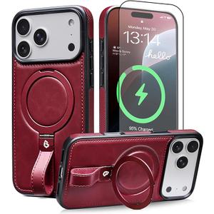 for iPhone 17 Pro Max Case Leather | iPhone 17 Pro Max Leather Case with Stand | Compatible with MagSafe with Magnetic Ring Grip Holder (IP17 Pro Max-6.9inch)