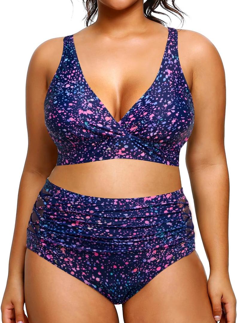 Yonique Womens Plus Size Bikini High Waisted Swimsuits Two Piece Bathing Suits Tummy Control Swimwear (Star Whole Sky) 18 Plus