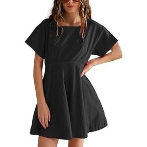 Women's A-Line Short Sleeve Summer Casual Mini Dress Button Back Square Neck Oversized Dresses,  Size M, Black