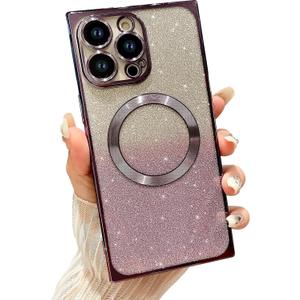 Designed for iPhone 14 Pro Case,[Compatible with MagSafe] Luxury Plating Cute Bling Clear Case for Women Girls with Camera Lens Protector Shockproof Bumper Cover 6.1", Deep Purple