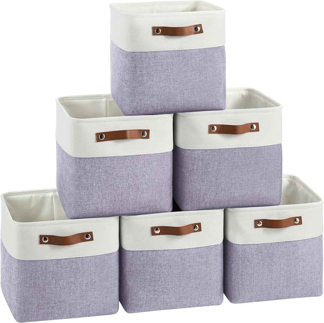Cube Storage Baskets 1 Pack, 11x11 inch Foldable Cube Storage Bins with Leather Handles for Shelf Closet Nursery Toys (White/ Purple)