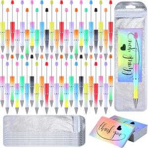 Yeaqee 150 Pieces Beadable Pens Kit 50 Pieces Colors Plastic Beaded Ballpoint Pens Bulk 50 Foil Thank You Cards with 50 Resealable Packaging Bags for School DIY Making Gift(Gradient Style)