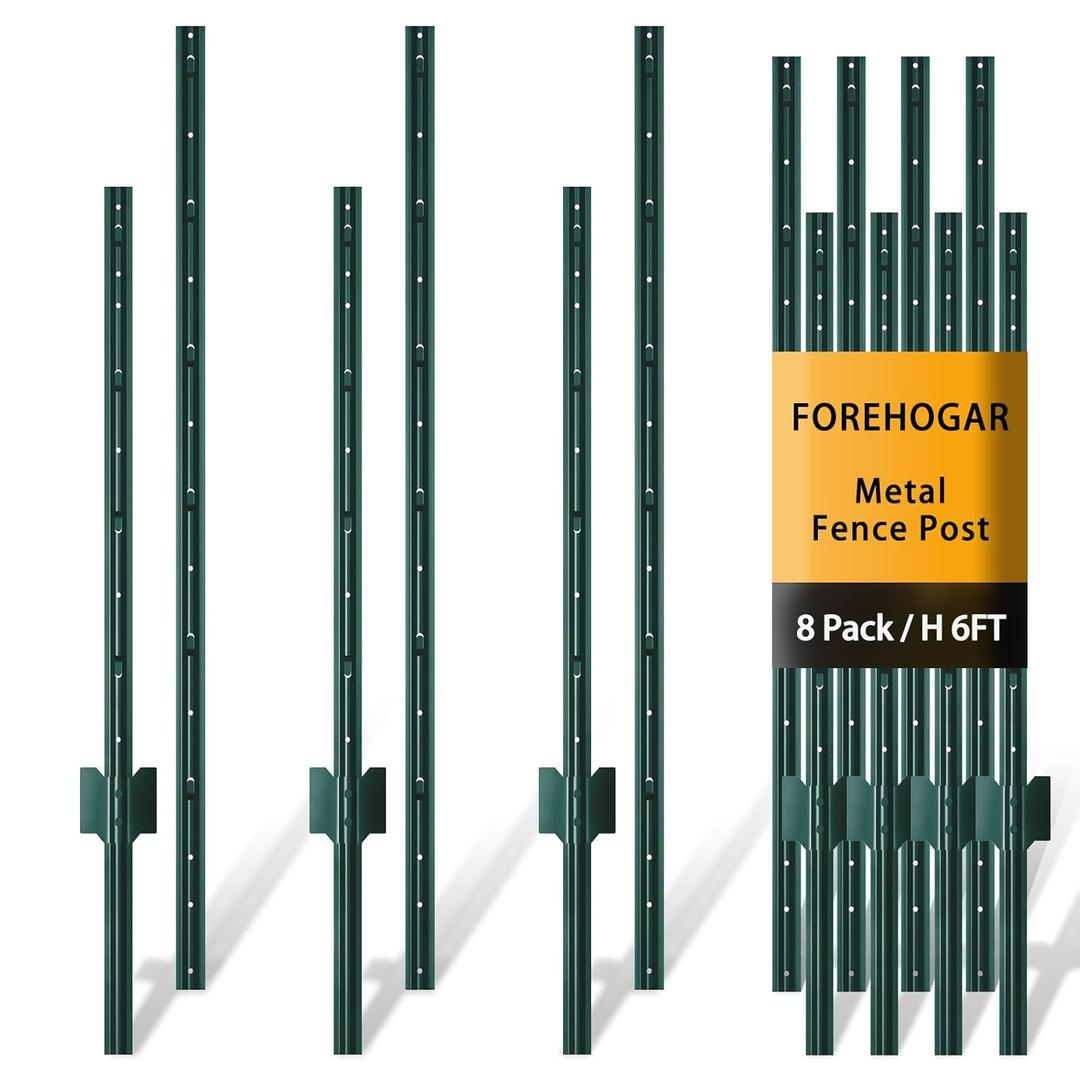 FOREHOGAR Metal Fence Post Green Splicing 6 feet, Pack of 8, T Posts for Fences Wire Mesh, No Dig Steel Stakes Fencing for Garden Yard Farm Outdoor Light Duty