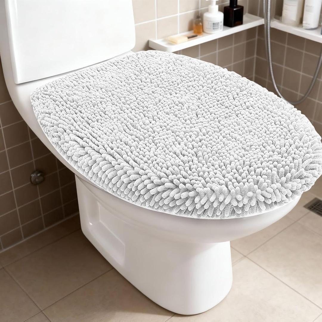 RUN HELIX Bathroom Toilet Lid Cover,Chenille Machine Washable Seat Covers, 17.5x15, Stays in Place Rubber Backing, Fits Most Round, Elongated and Oblong Lids, Accessories Decor, Light Grey
