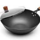 12.6" Iron Wok, Spin-Forged Refined Iron Stir Fry Pan with Wooden Handle, Flat Bottom Wok Pan with Reinforced Rim, Lightweight Woks & Stir-Fry Pans for Everyday Cooking