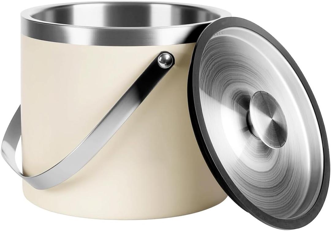 4L Beige-white Double Wall Insulated Stainless Steel Ice Bucket with Scoop for Cocktail Bar,Metal Ice Bucket for Freezer with Lid for Parties. Ice Container to Keep Ice Colder, Bar Cart Accessories
