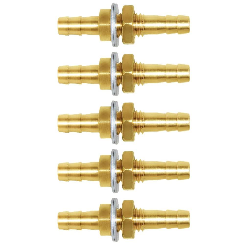 Joywayus 1/4" Hose Barb Thru-Bulk Head Hex Union Brass Fitting with Flat Washer Gasket Water/Fuel/Air (Pack of 5)