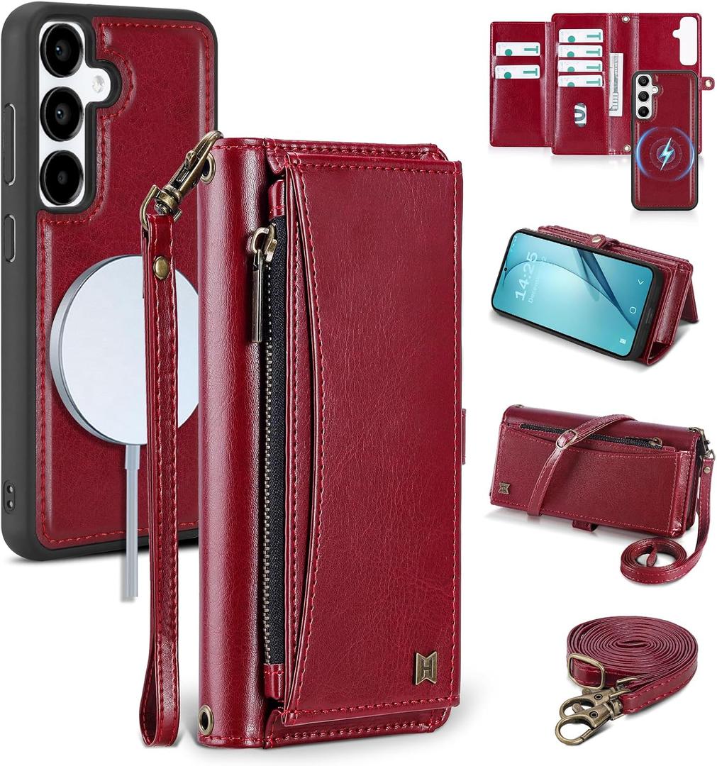 Wallet Case for Samsung Galaxy S24 with Card Holder/Crossbody Wallet/Strap| RFID Blocking | Magnetic | Kickstand | Detachable | PU Leather Phone Case for Galaxy S24,6.2 in,Wine Red
