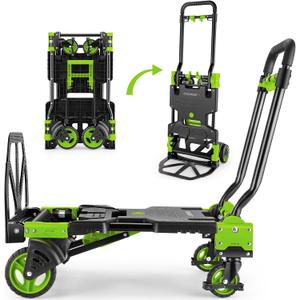 330LB Folding Hand Truck Heavy Duty Carrying, Combination of Four Wheels and Two Wheels Convertible Dolly Cart with Retractable Handle Dolly for Moving Office Carts(Green)