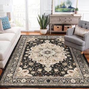 Washable 5x7 Living Room Rug: Oriental Non-Slip Area Rugs for Bedroom Non Shedding Accent Farmhouse Dining Room Carpet Soft Low Pile Mat for Nursery Room Home Office (5x7 Black)