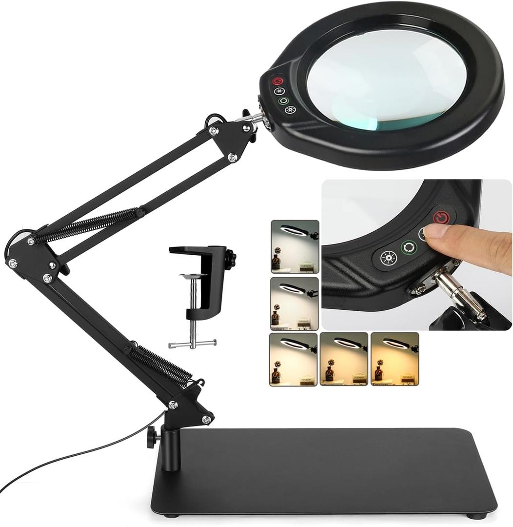 Veemagni 5 Inch Large Magnifying Glass with Light and Stand, 5 Color Modes Stepless Dimmable 10X Glass Lens, Hands Free 2-in-1 Desk Lamp & Clamp, LED Lighted Magnifier for Repair Crafts Close Work