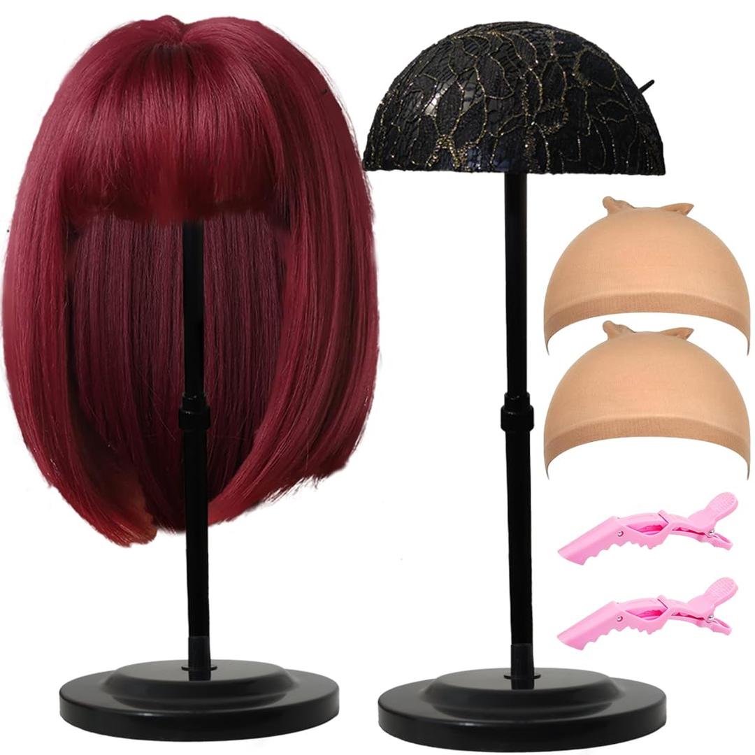 Wig Stand 1PC Adjustable Height Wig Stand Holder Portable Non-Slip Wig Head Holders Sturdy Plastic Wig Head Stand for Multiple Wigs and Hats Styling Drying Display (Black)
