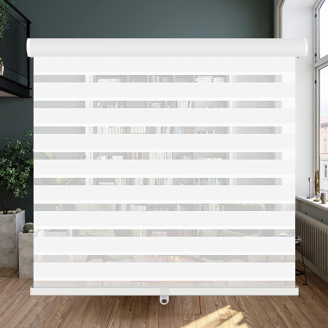 LUCKUP Cordless Zebra Blinds Roller Shades for Window-Dual Layer Sheer Blinds Light Control with Valance Day Night Privacy Light Filtering Fabric, 18" W x 48" H, White