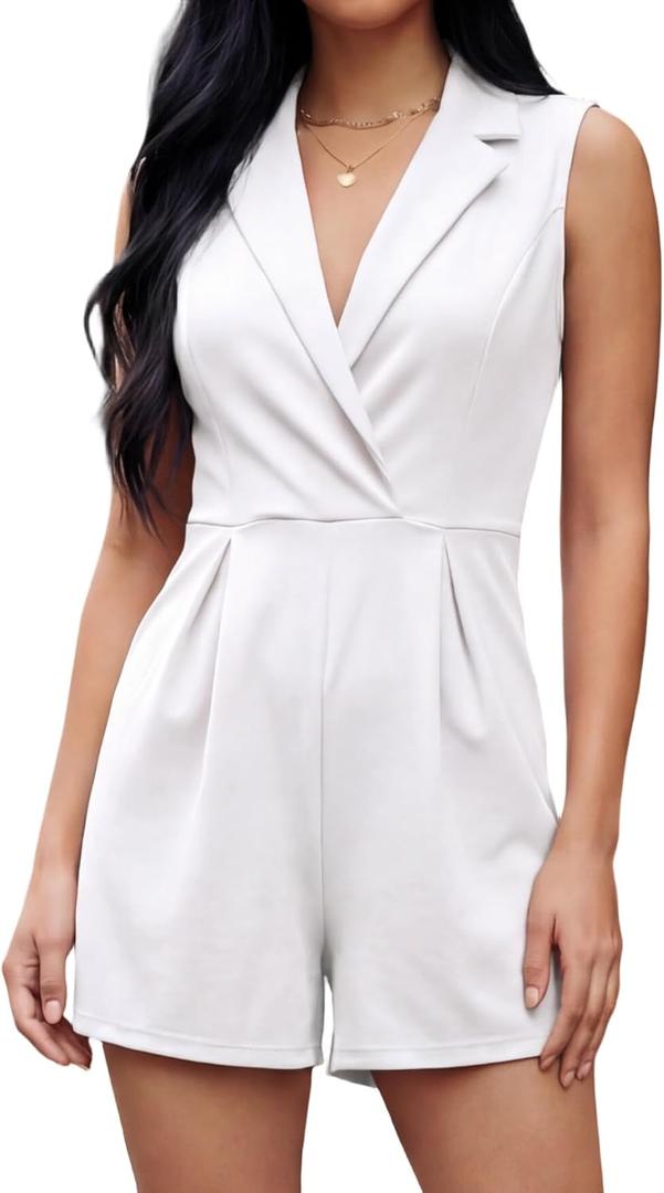 ECHOINE Dressy Rompers For Women V Neck Collar Sleeveless Shorts Jumpsuit One Piece Pant Suit (White, XL)