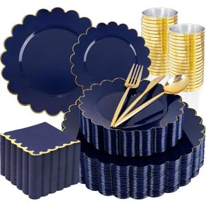 LIYH 210 Pcs Navy Blue Plates - Blue and Gold Plastic Scalloped Heavyduty Plates Disposable Dinnerware set, Gold Plastic Silverware for Wedding & Party 30 Guests
