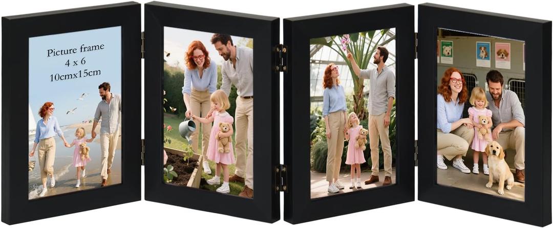 Giftgarden 4 Folding 4x6 Picture Frame, Hinged Photo Frames Foldable for Desktop Display, Gifts for Mom Mother Christmas Family Photo Collage, Black