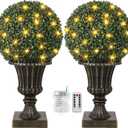 16inch Pre-Lit Faux Boxwood Balls with Sturdy Pot Base,Artificial Topiary Trees 2 Pack for Outdoor,UV Resistant & Waterproof Fake Greenery Plants Ball Tree for Front Porch Garden Home Decor,Gold