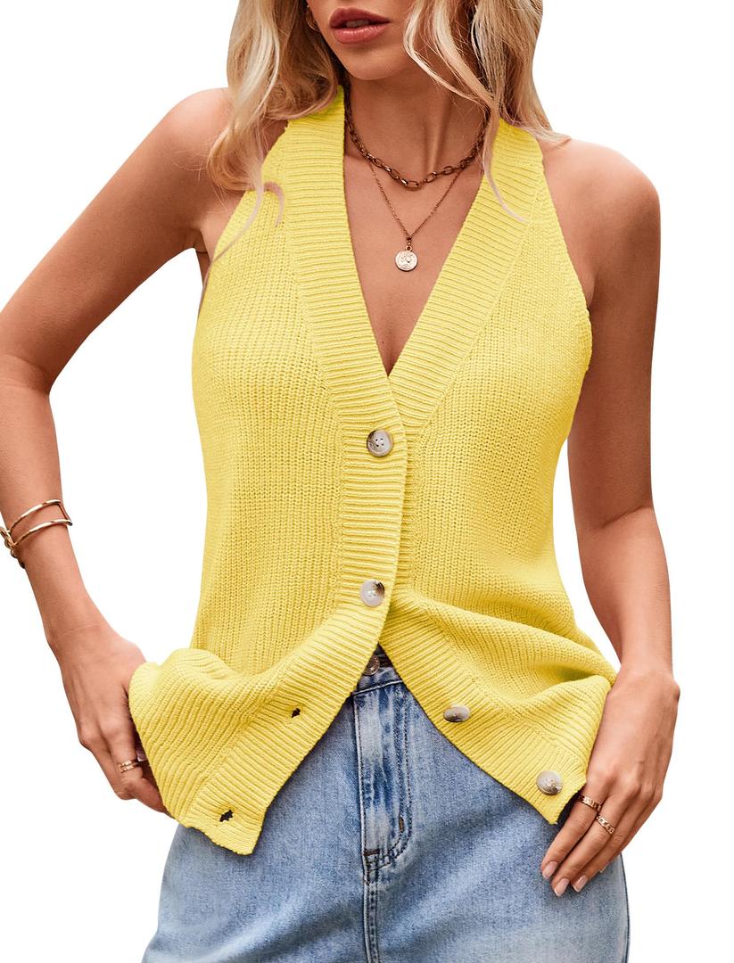 Women Sweater Vest Button Down V Neck Knit Tank Top Sleeveless Cardigans Yellow M (Yellow)