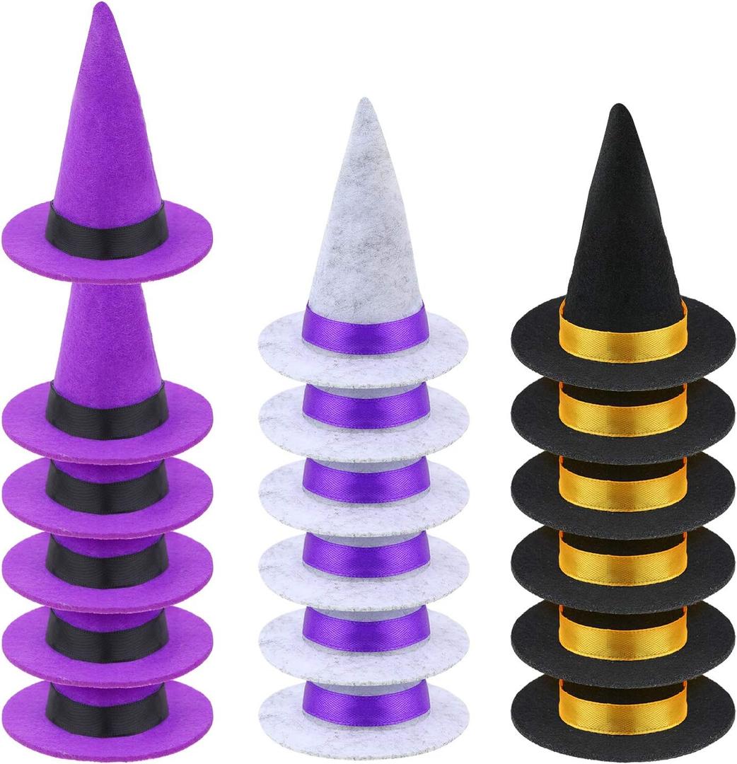 2 x Geyoga 18 Pieces Halloween Mini Witch Hats - Colorful Small Felt Hats for Crafts, Wine Bottle Covers, Toppers With Ribbon for Halloween Handmade DIY Party Table Decoration