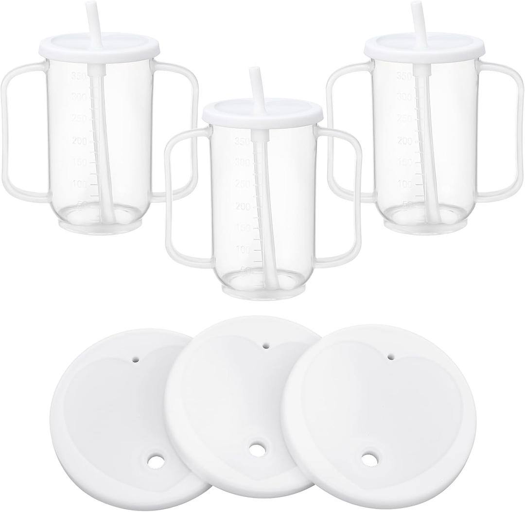 Sliner 3 Pcs Adult Sippy Cups for Elderly, 12 oz Plastic Spill Proof Cups with 2 Handles Straw and Lid for Adults Hospital Disabled Dysphagia Patients (White)