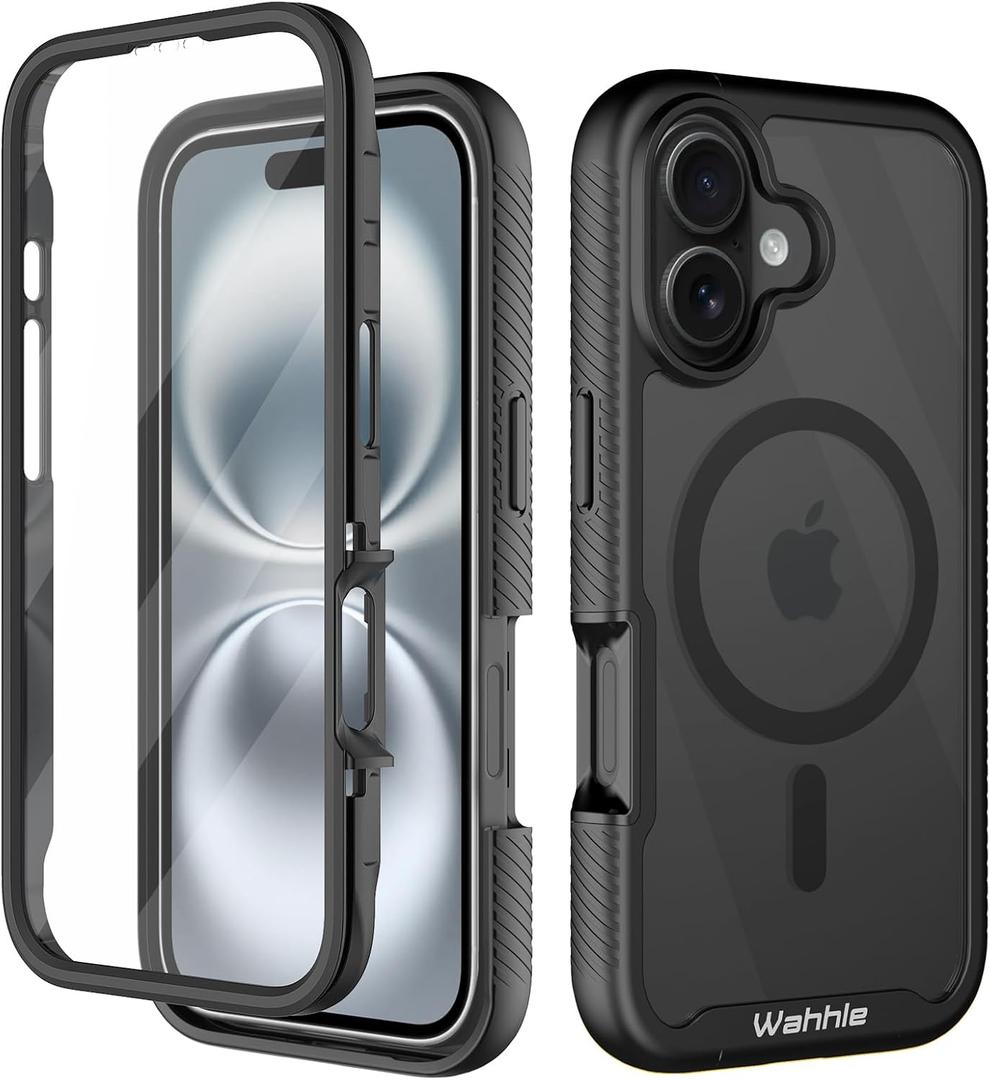 wahhle Compatible with iPhone 16 Case, Magnetic Built in Screen Protector Full Body Shockproof Slim Fit Bumper Protective Phone Cover 6.1'' Men Women-Black/Clear