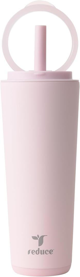 REDUCE Halo 24 oz Stainless Steel Vacuum Insulated Tumbler - Spill Proof Travel Mug with Flip Handle Lid - Keeps Drinks Cold for 32 Hrs - Dishwasher Safe - Cupholder Friendly - Pink Quartz