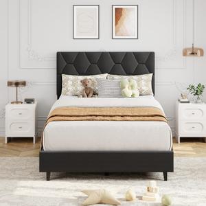 GAOMON Grey Twin Bed Frame with Upholstered Headboard, Heavy-Duty Platform Bed Frame with Strong Wood Slats, No Box Spring Needed/Noise Free/Easy Assembly