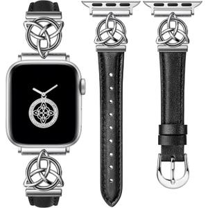Minyee Compatible with Apple Watch Bands Leather 38/40/41/42/44/45/46/49mm Women, Slim Dressy Leather Strap with Celtic Knot Triquetra Metal Buckle for iWatch Series 11 10 9 8 7 6 5 4 SE/Ultra 3 2 1 (Black/Silver)